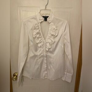 Romantic White House Black Market Ivory Ruffle Front Blouse 6